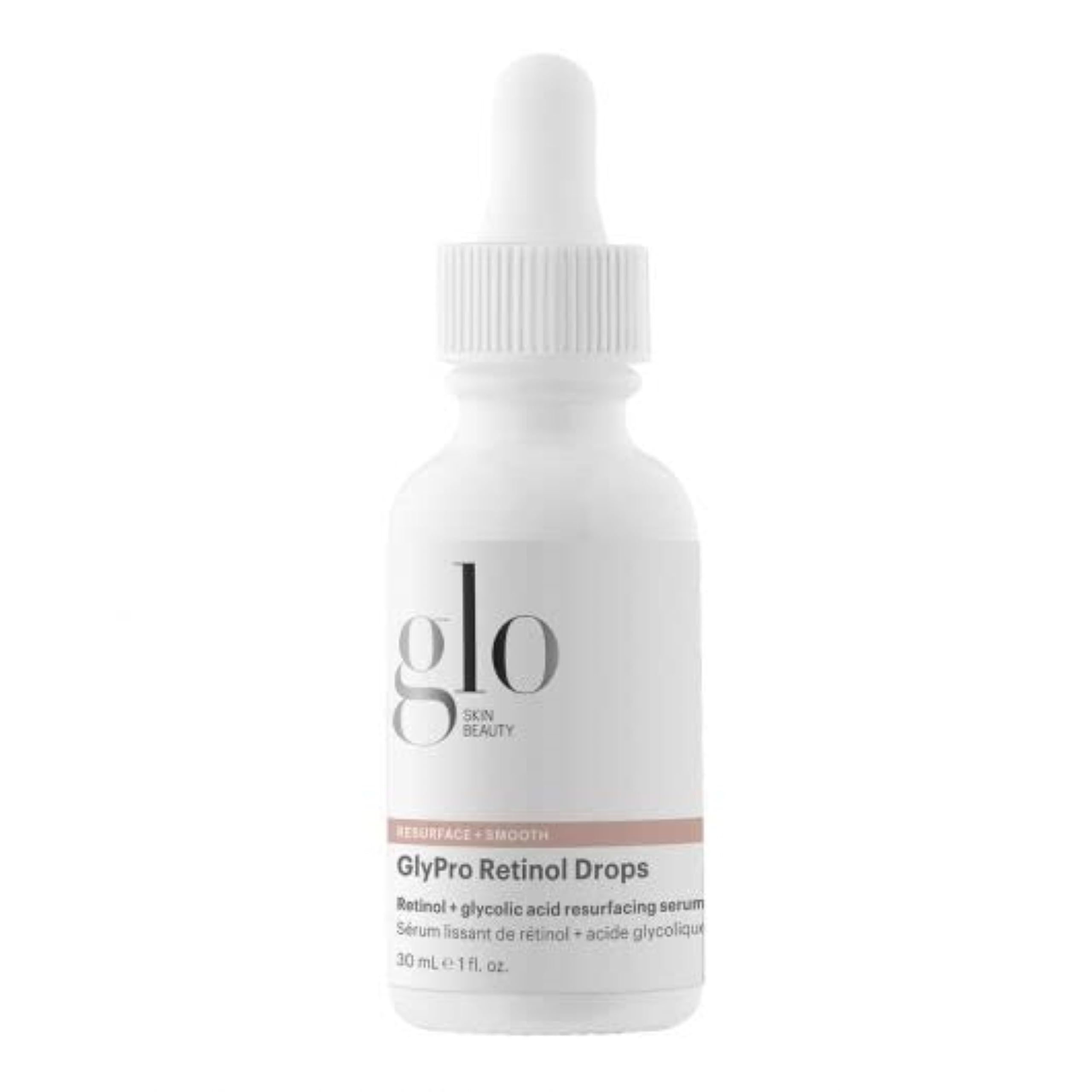 Glo Skin Beauty GlyPro Retinol Drops bottle closeup highlighting smoothing and brightening