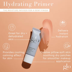 Glo Skin Beauty Hydrating Primer texture close-up shows silky cooling formula