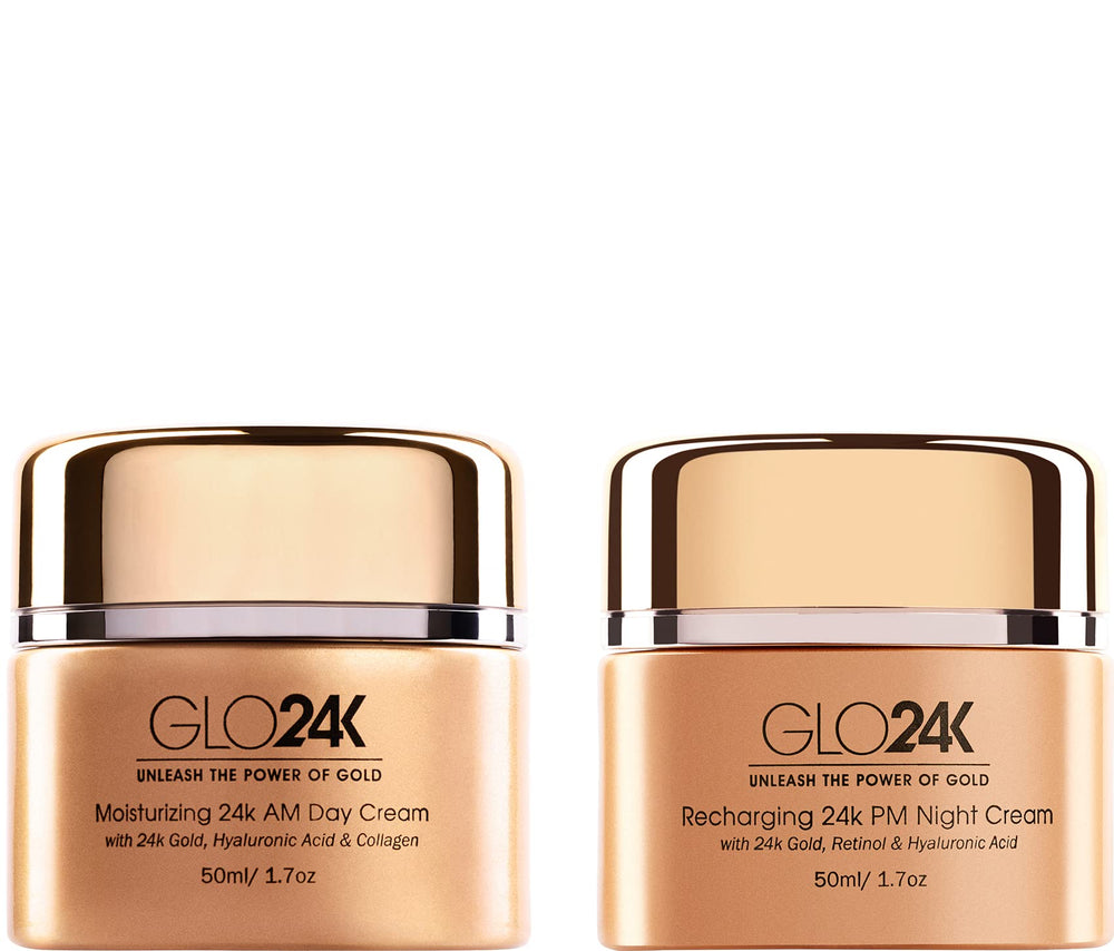 GLO24K day cream jar closeup highlighting rich hydration for morning skin.