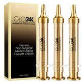 GLO24K Instant Facelift Cream bottle close-up suggesting instant visual smoothing.