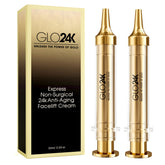 GLO24K Instant Facelift Cream bottle pour showing luxurious gold-infused formula for skin vitality