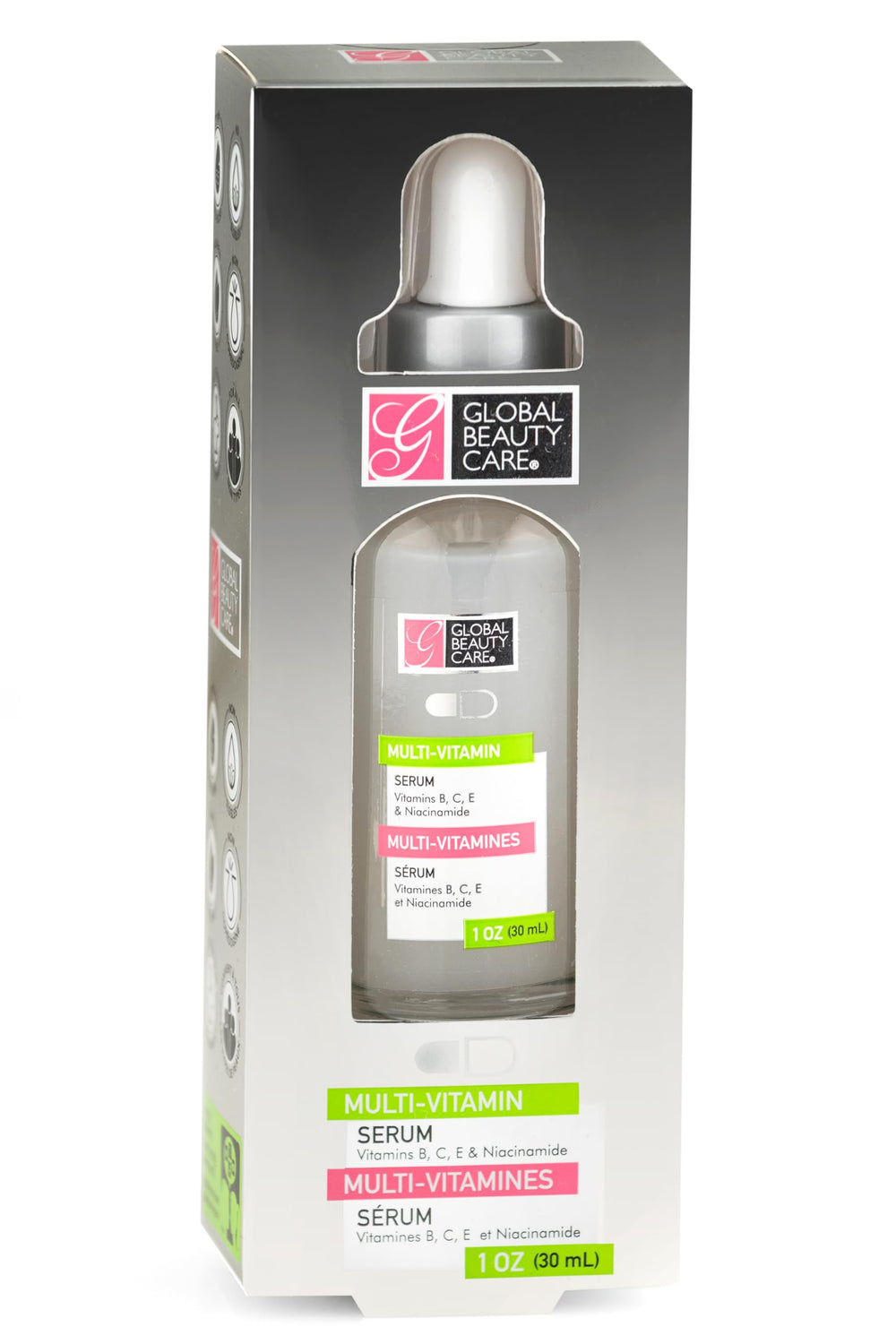 Global Beauty Care Multi-Vitamin Serum bottle promotes hydration and revitalized-looking skin