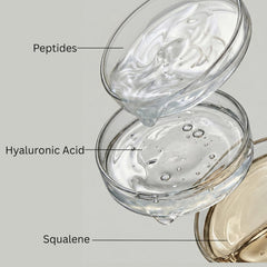 Close-up of product label highlighting peptides, hyaluronic acid and squalane