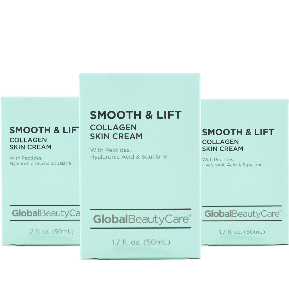 Global Beauty Care Smooth & Lift collagen cream bottle in a 3-pack for daily hydration.