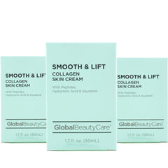 Global Beauty Care Smooth & Lift collagen cream bottle in a 3-pack for daily hydration.
