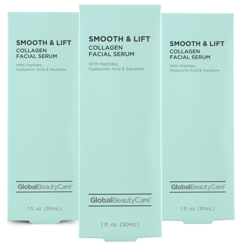 Global Beauty Care Smooth & Lift collagen serum bottle enhances hydration for daily skincare