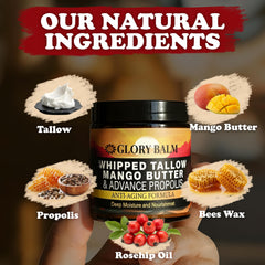 Glory Balm mango butter texture highlighting fast absorption.