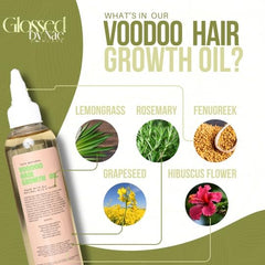 Glossed by Nae Voodoo Hair Growth Oil packaging highlights premium herbs