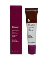 Glossier Balm Dotcom Espresso close-up of the tube showing rich tinted balm texture for easy lip care