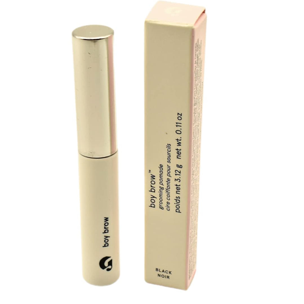 Glossier Boy Brow gel-pomade in black bottle closeup for natural, fluffy brow styling.