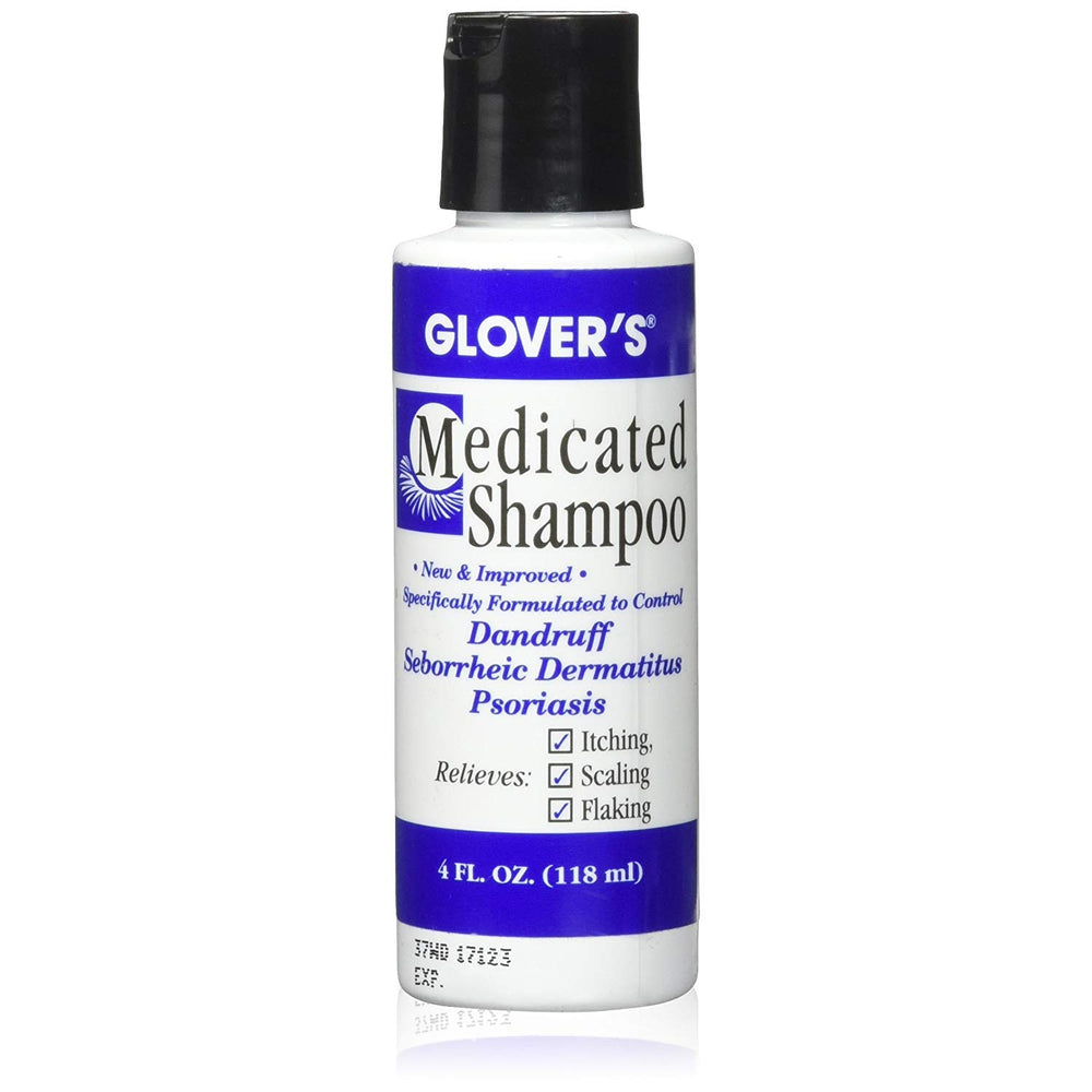 Glovers Medicated Shampoo bottle highlights dandruff relief and scalp comfort.