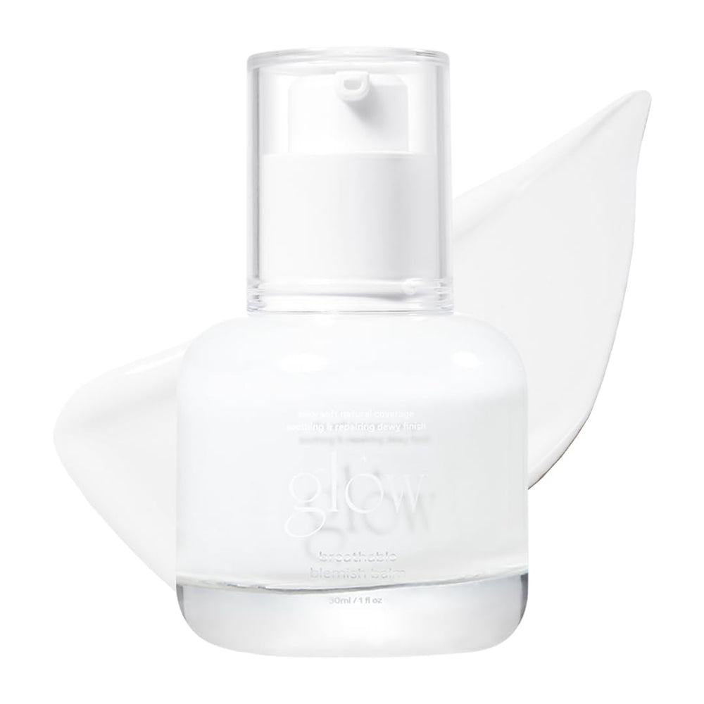 Glow blemish balm white bottle demonstrates lightweight, skin-friendly coverage for a natural look.