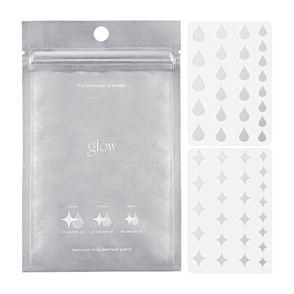 Glow Diamond Drop blemish patch packaging with holographic design and 100 patches for daily use.
