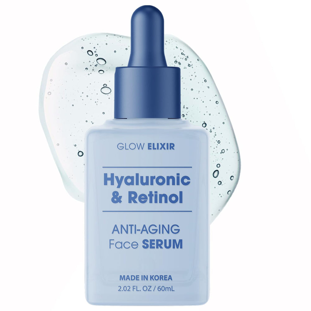 Glow Elixir retinol serum bottle closeup for radiant, hydrated skin.