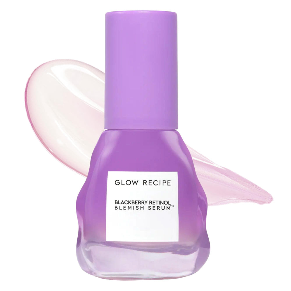 Glow Recipe Gentle Blackberry Retinol Night Serum bottle on a vanity signaling gentle blemish care.