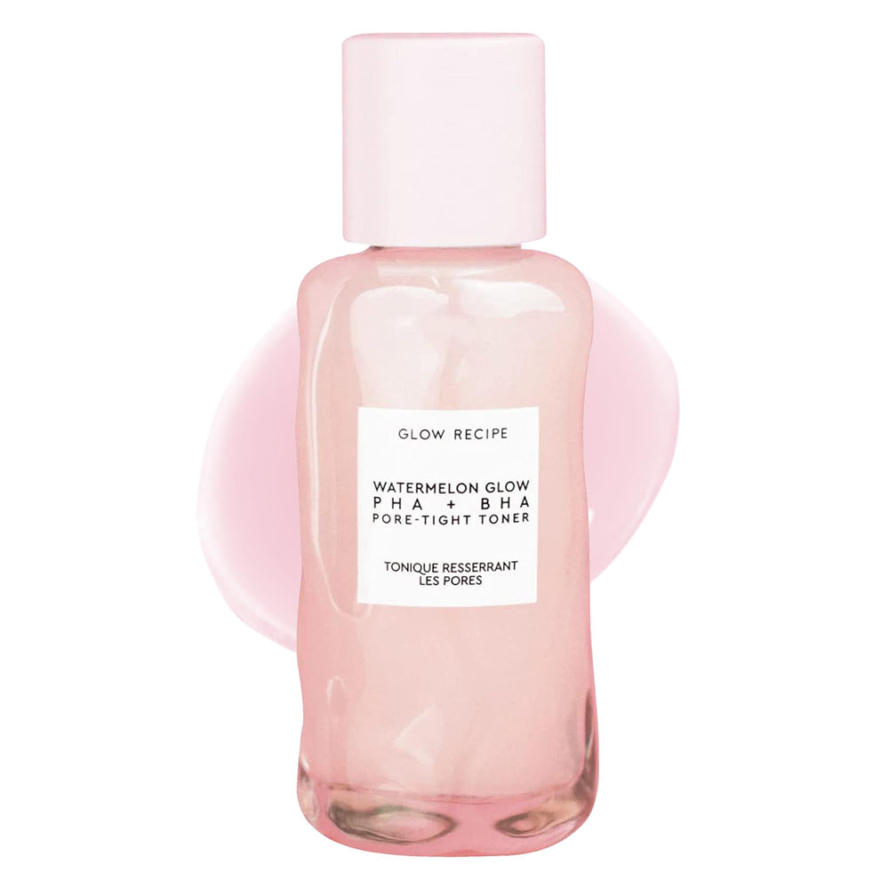 Glow Recipe PHA + BHA Toner bottle pour demonstrates gentle exfoliation for smoother skin.