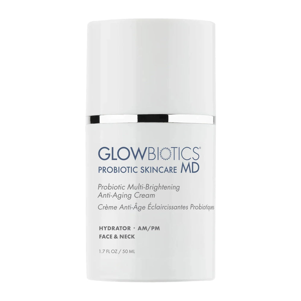 Glowbiotics bottle closeup highlighting probiotic brightening cream for daily skincare