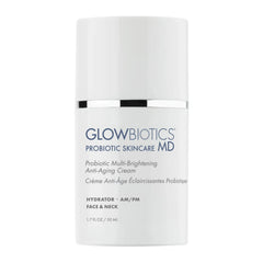Glowbiotics bottle closeup highlighting probiotic brightening cream for daily skincare