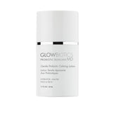 Glowbiotics Probiotic Calming Lotion bottle shows barrier-supporting formula for sensitive skin.