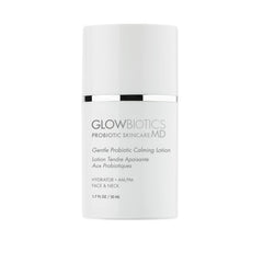 Glowbiotics Probiotic Calming Lotion bottle shows barrier-supporting formula for sensitive skin.