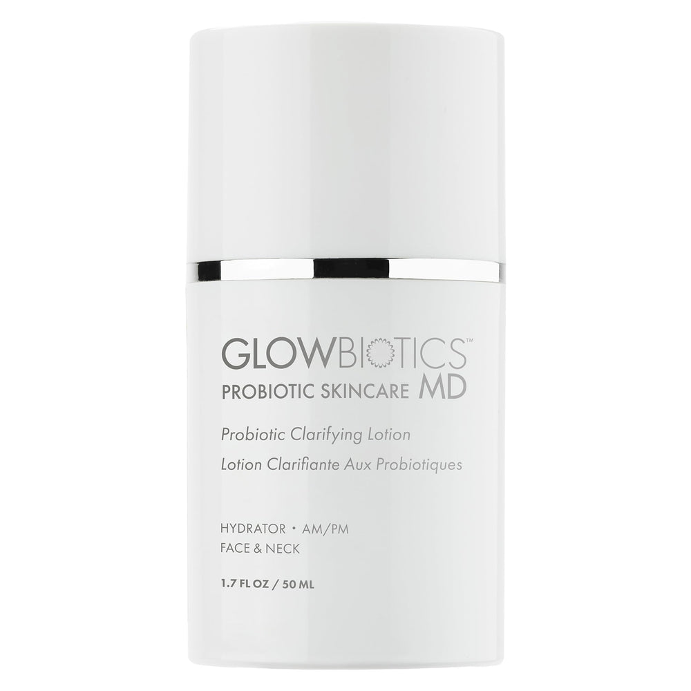 Glowbiotics Probiotic Clarifying Lotion bottle with pump delivering matte hydration for oily skin.