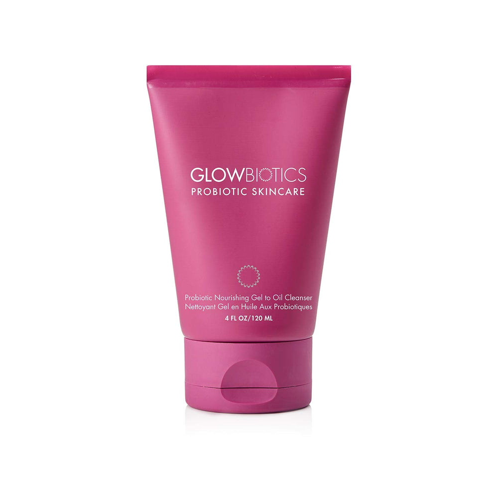 Glowbiotics probiotic gel-to-oil cleanser removes makeup and sunscreen gently while preserving moisture.