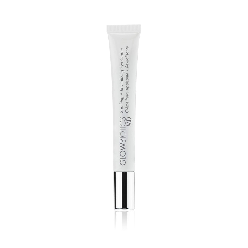 Glowbiotics soothing eye cream jar showing hydrating, cooling formula for the delicate eye area