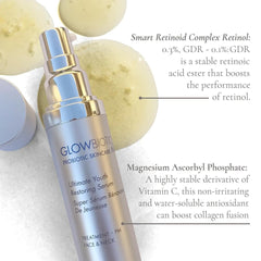 Glowbiotics Ultimate Youth serum pump dispense for a potent blend and easy application.