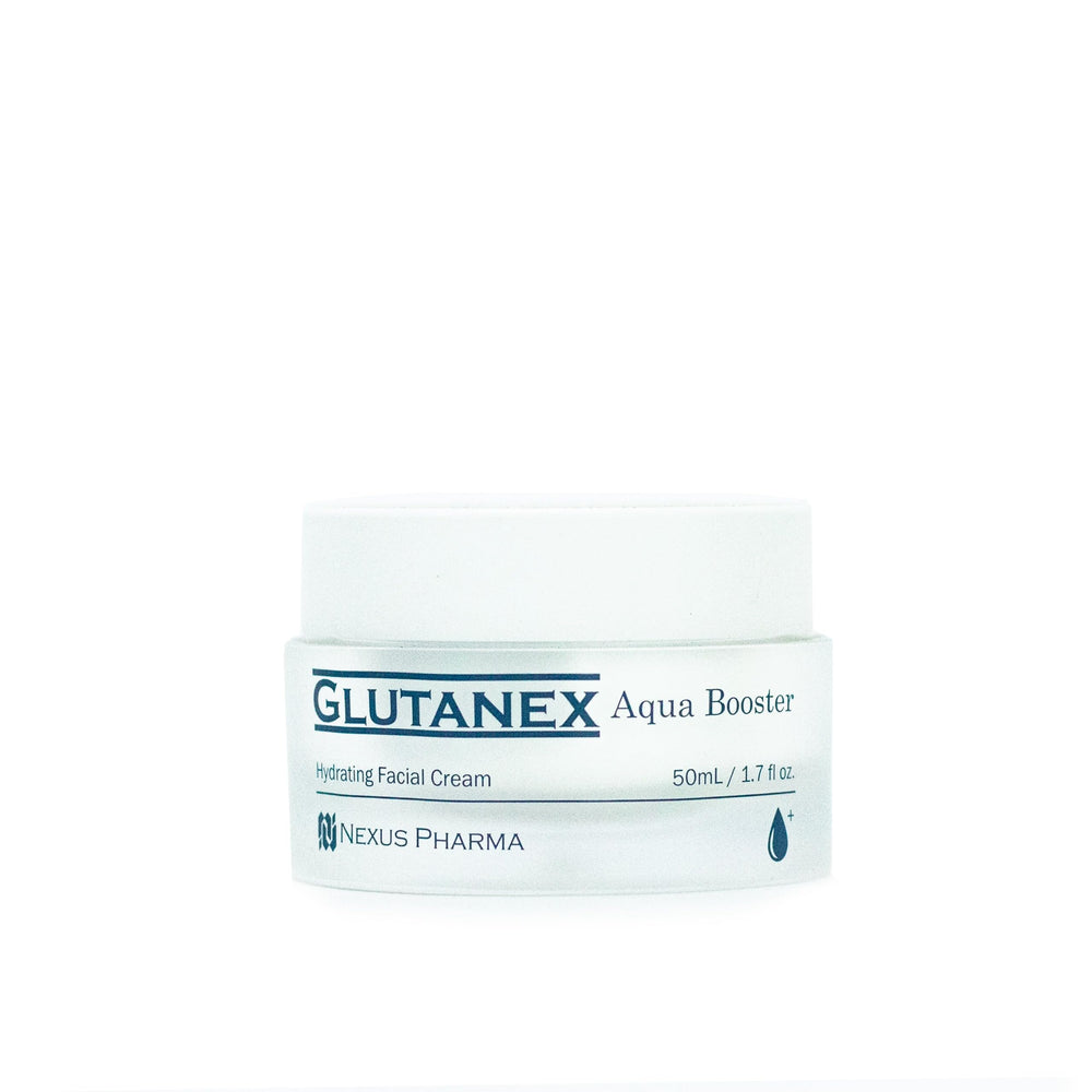 Glutanex Aqua Booster cream jar shown, delivers intense hydration for dewy skin.