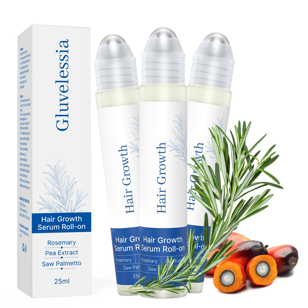 Gluvelessia Roll-On with rosemary targets thinning areas with precise, mess-free application.