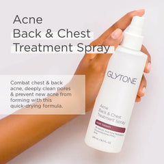 Glytone bacne spray bottle delivering precise mist coverage on back and shoulders.
