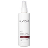 Glytone chest and back acne spray with upside-down pump for easy application.