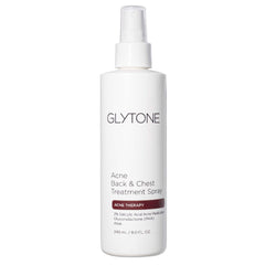 Glytone chest and back acne spray with upside-down pump for easy application.