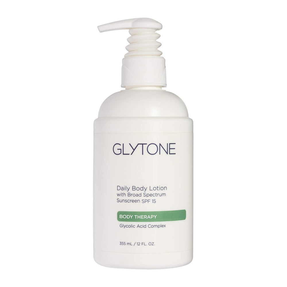 GLYTONE Daily Body Lotion with SPF 15 bottle for smooth, protected skin after shower