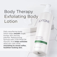 Texture close-up of GLYTONE lotion showing exfoliation and hydration benefits