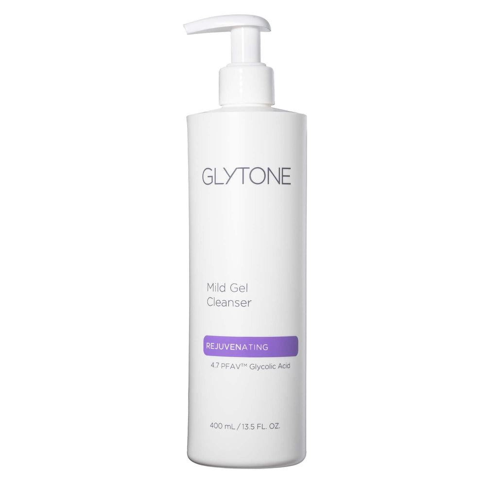 GLYTONE Mild Gel Exfoliating Cleanser packaging highlights fragrance-free, oil-free cleansing for all skin types.