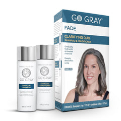 Go Gray clarifying duo shampoo bottle pour demonstrates detox cleansing for color fade.