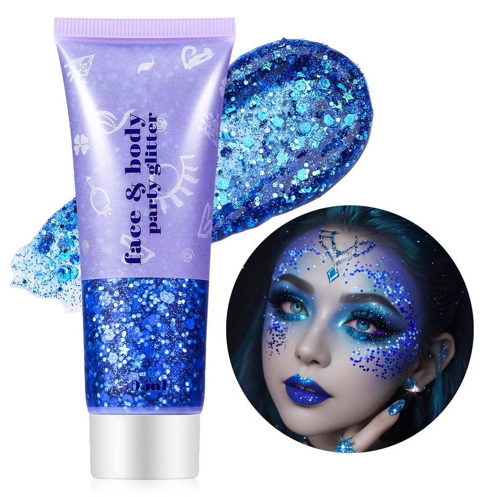 Go Ho Blue Face Glitter bottle closeup showing holographic sparkle for festival glow.