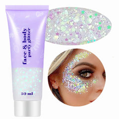 Go Ho Clear White Glitter Face with holographic shine for festival looks.
