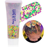 Go Ho face body glitter gel with Mardi Gras sparkle for skin and hair.