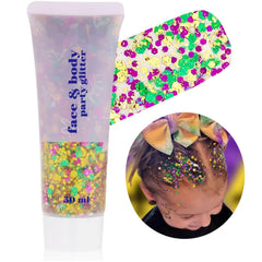 Go Ho face body glitter gel with Mardi Gras sparkle for skin and hair.