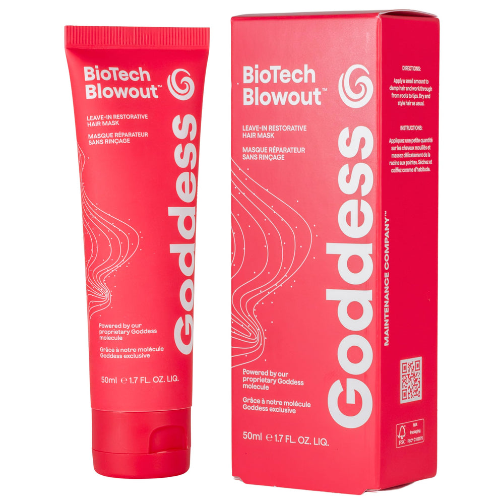 Goddess Maintenance Biotech Blowout leave-in bottle delivers lightweight repair and shine for daily styling.