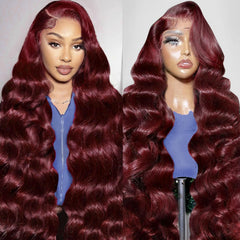 Gofward burgundy lace-front wig with natural part and versatile styling options.