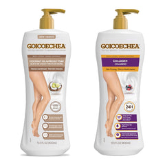 Goicoechea Coconut Skin Firm Bundle bottle highlights hydrating leg care.
