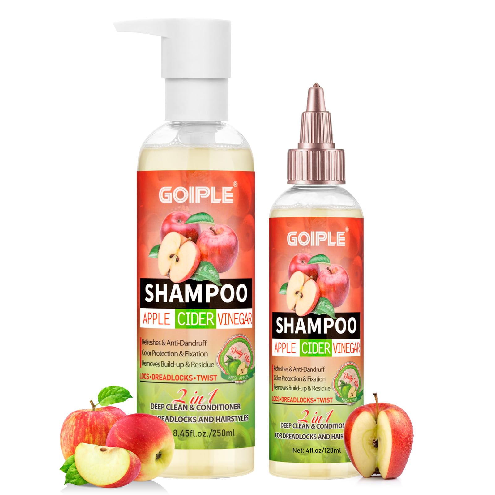 Goiple 2-in-1 apple cider vinegar shampoo bottle offering a clarifying cleanse.