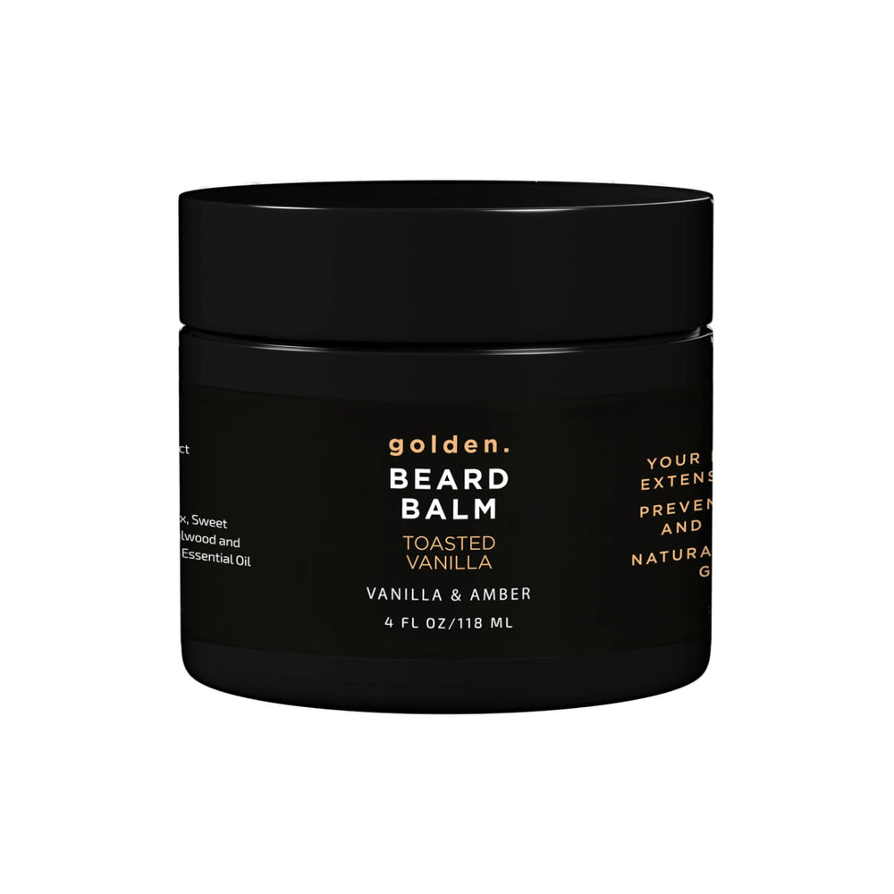 Golden Grooming Beard Balm jar close-up showing nourishing shea butter for beard care.