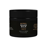 Golden Grooming Beard Balm jar close-up showing nourishing shea butter for beard care.