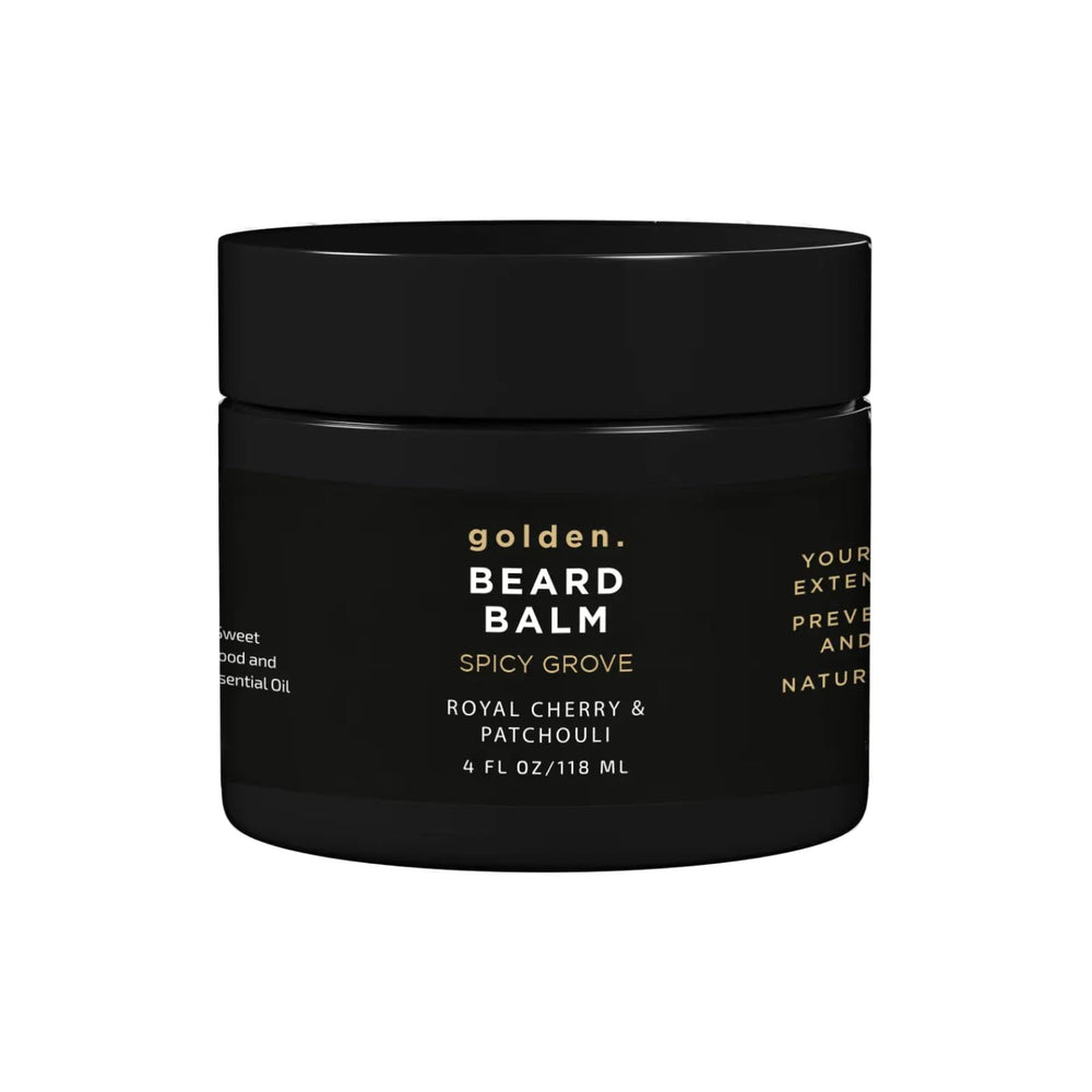 Golden Grooming Beard Balm Spicy Grove jar shows non-greasy, lightweight conditioning.