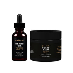 Golden Grooming Beard Bundle bottle with toasted vanilla scent for daily conditioning.