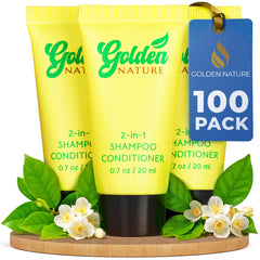 Golden Nature travel-size 2-in-1 jasmine shampoo and conditioner bottle for guest rooms.